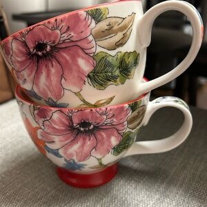 Anthropologie Red and Green Floral Mugs